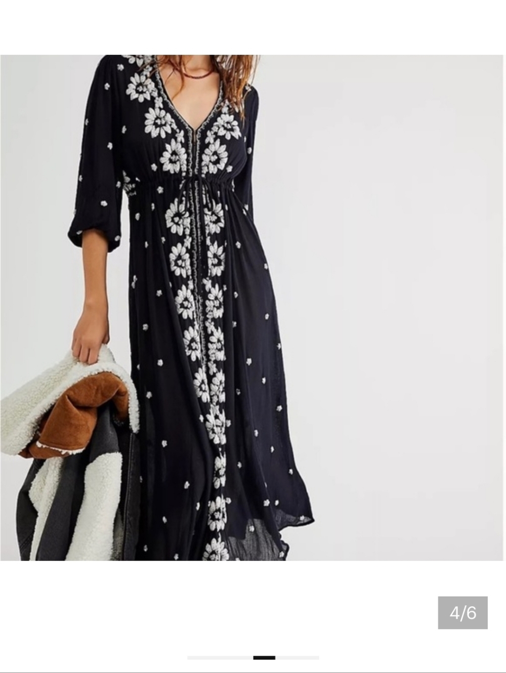 FREE PEOPLE Embroidered Black Gauze Fable Dress Black Boho OB885500 Size L NWT